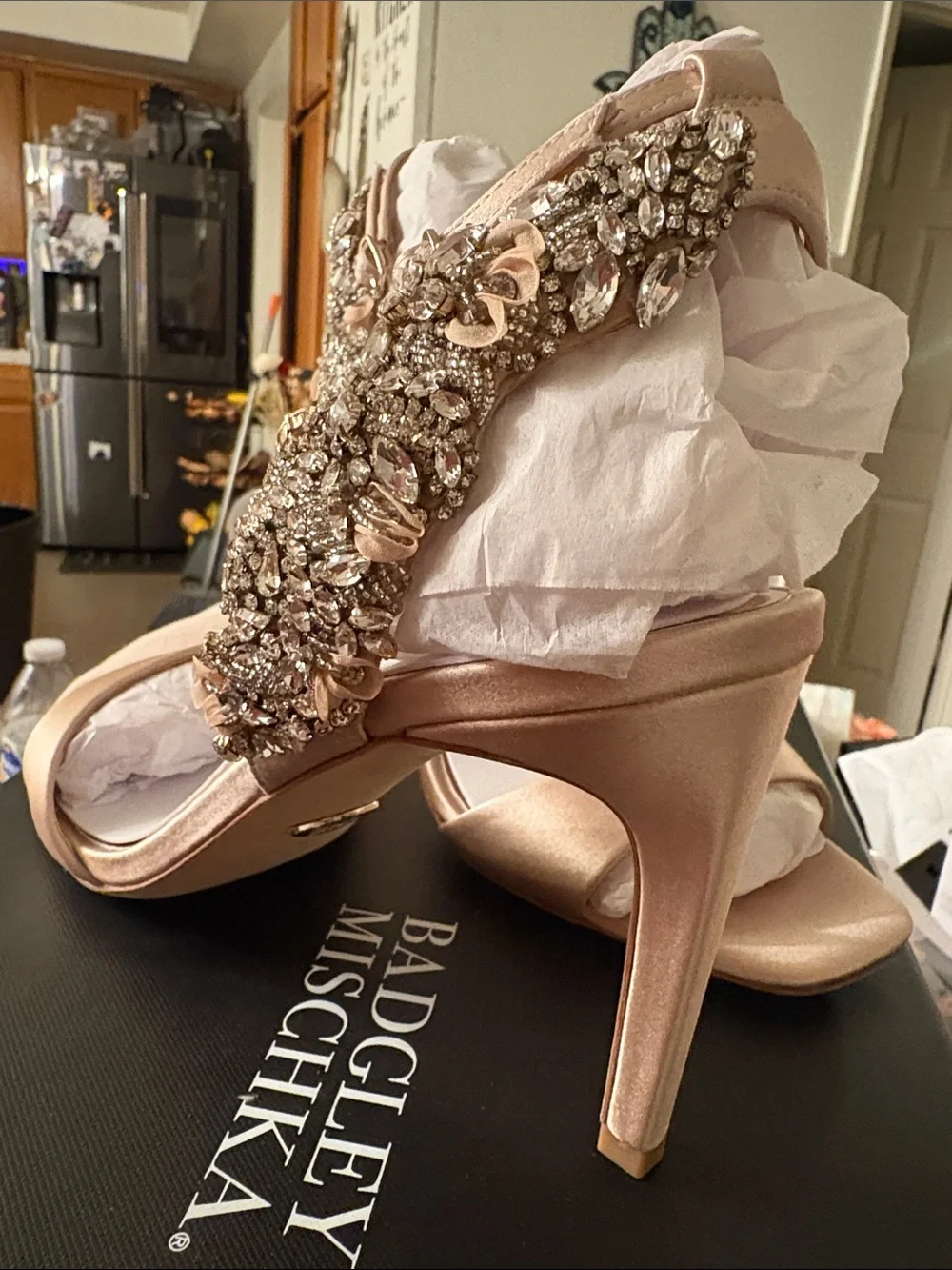Badgley Mischka Rose Gold Crystal-Embellished Ankle-Strap Heels